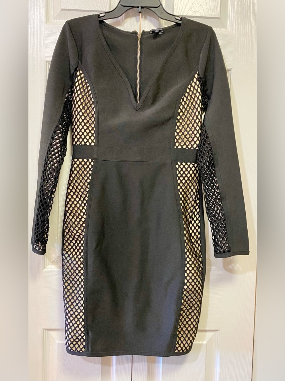 Fashion Nova Black Net Panel Long-Sleeve Bodycon Dress